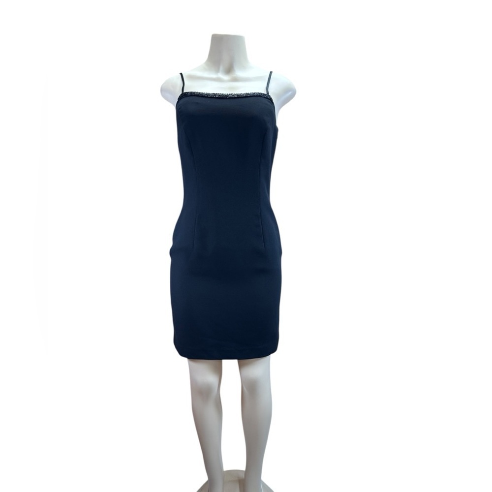 Andrea póliza for Rex Lester.Black Mini Sheath Dress with Cowl Neck